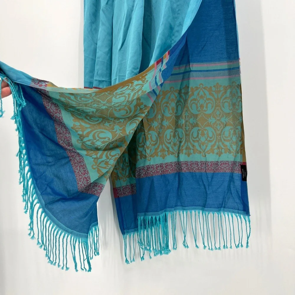 100% Silk Fringed Rectangular Scarf Shawl Blue‎
